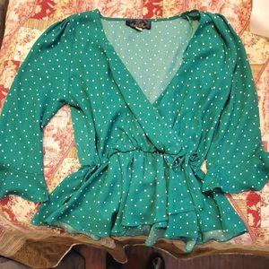 Blue Rain: 3/4 Sleeves Green Polka-dot Blouse, Size Small
